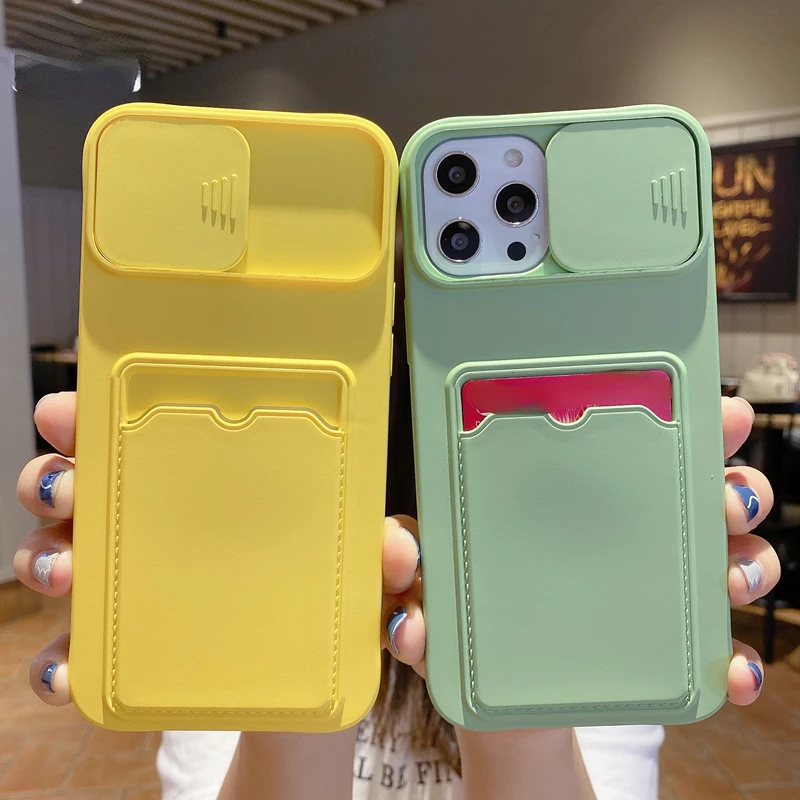 

Hot Sales for iPhone 13 12 11 Pro Max X XR XS Max 6 6S 7 8 Plus SE2 Slide Camera Protection Candy Cover Wallet Card Holder Phone