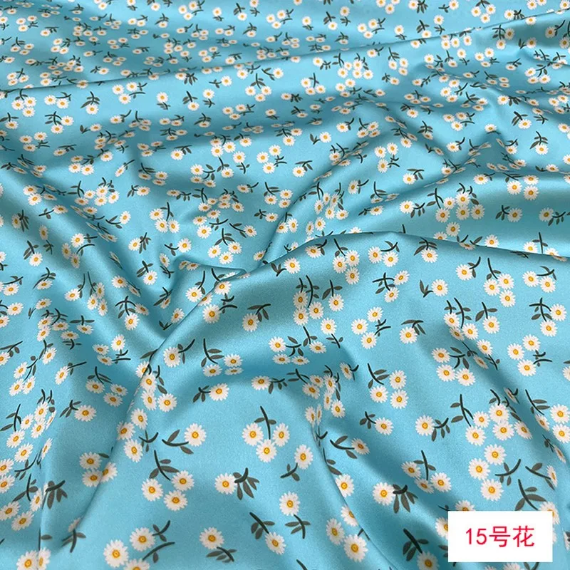 

daisy Floral Printed blue 19momme Stretch Silk Satin Fabric MulberrySilk
