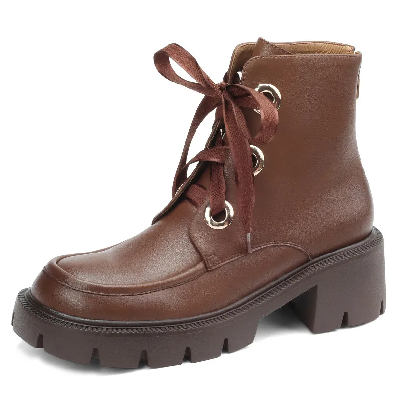 

Dilalula 2022 Autumn Winter Women Ankle Boots Cross-Tied Genuine Leather Platforms Thick Heels Back Zipper Casual Shoes Woman