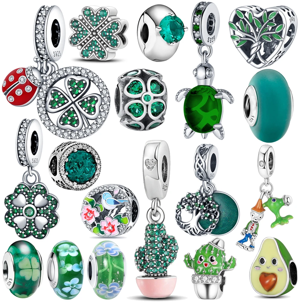 

Hot sale 925 Sterling Silver Fit Pandora Bracelet Necklace Lucky Clover Glass Beads Charm Pendant Fine Jewelry Gift for Women
