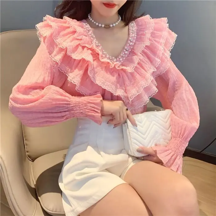 

Women 2022 Spring Autumn New V-neck Lace Shirts Female Solid Color Chiffon Shirts Ladies Long Sleeve Loose Blouse Tops U357