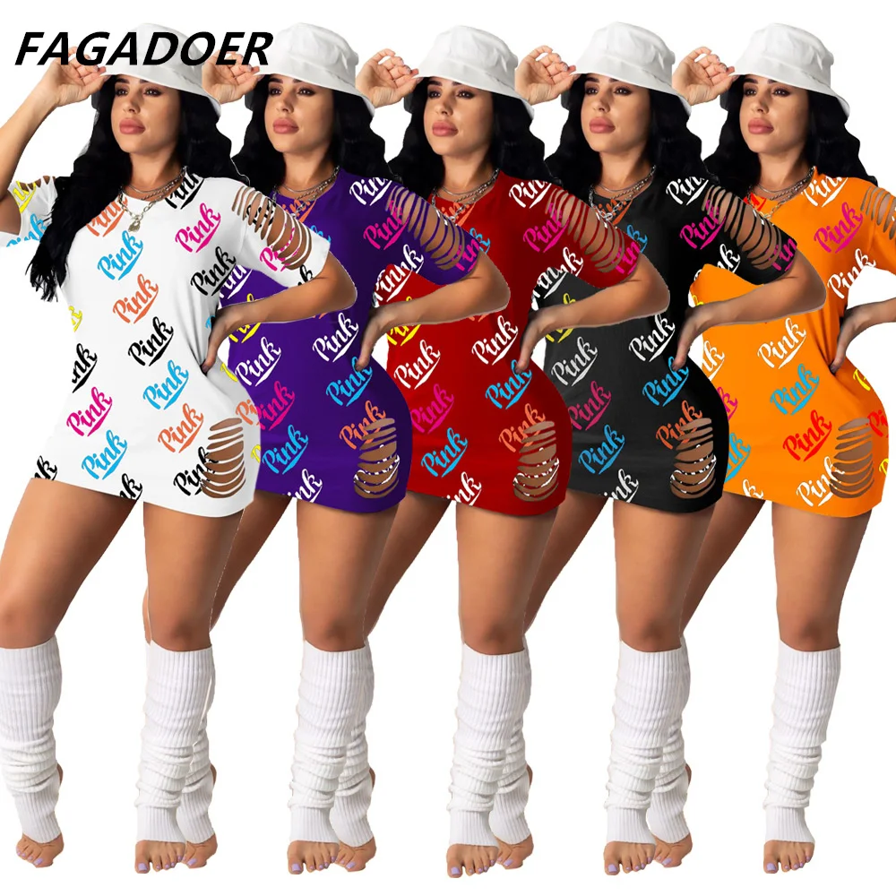 

FAGADOER Summer Long Sleeve Loose Short Dress Women Thin PINK Letter Print Casual Dress Female O-Neck Fashion Vestidos Clothes
