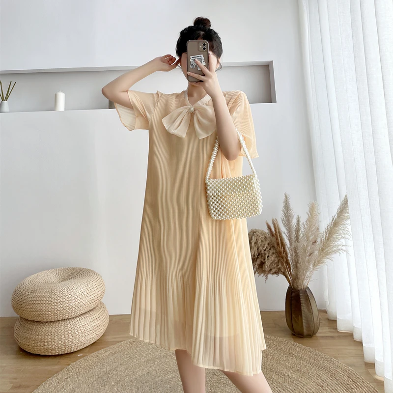Chiffon Pregnancy Dresses Maternity Clothes Bow V Neck Solid Pleated Loose Formal Style Summer Pregnant Clothings Plus Size enlarge