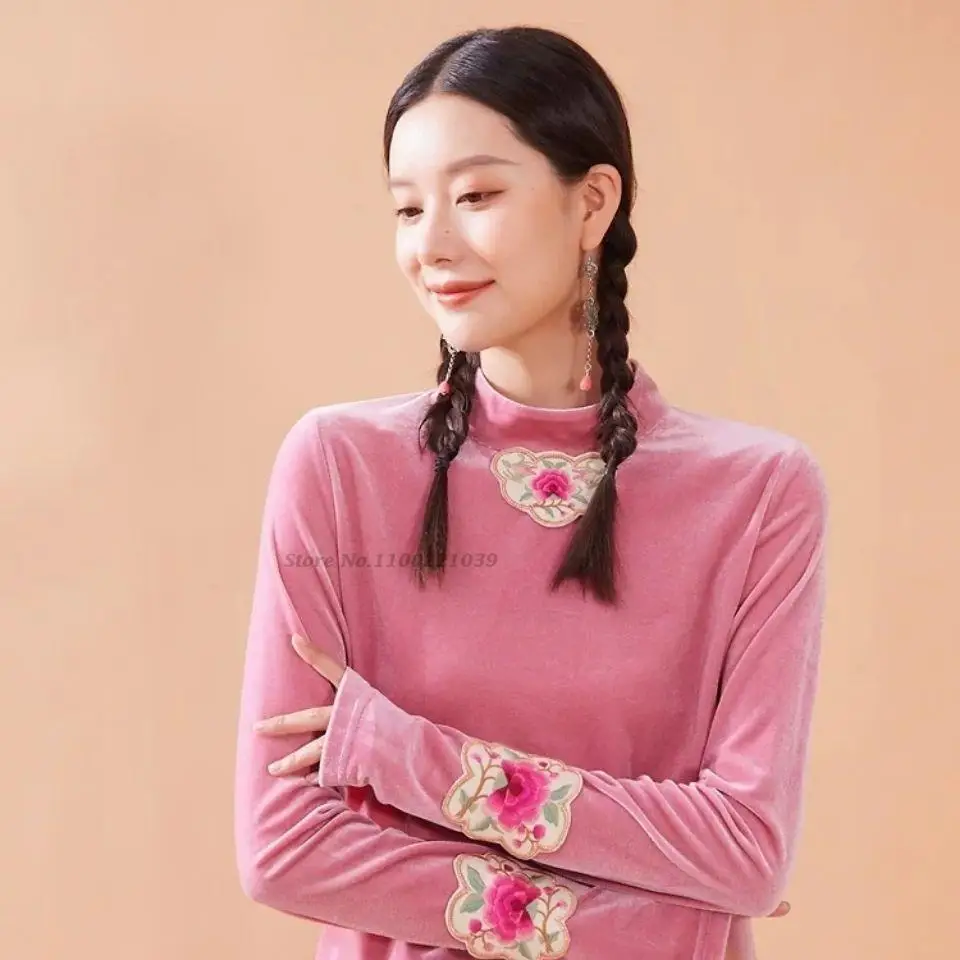 

2023 chinese harajuku tops national flower embroidery women velvet shirt traditional ethnic blouse wild long sleeve base shirt