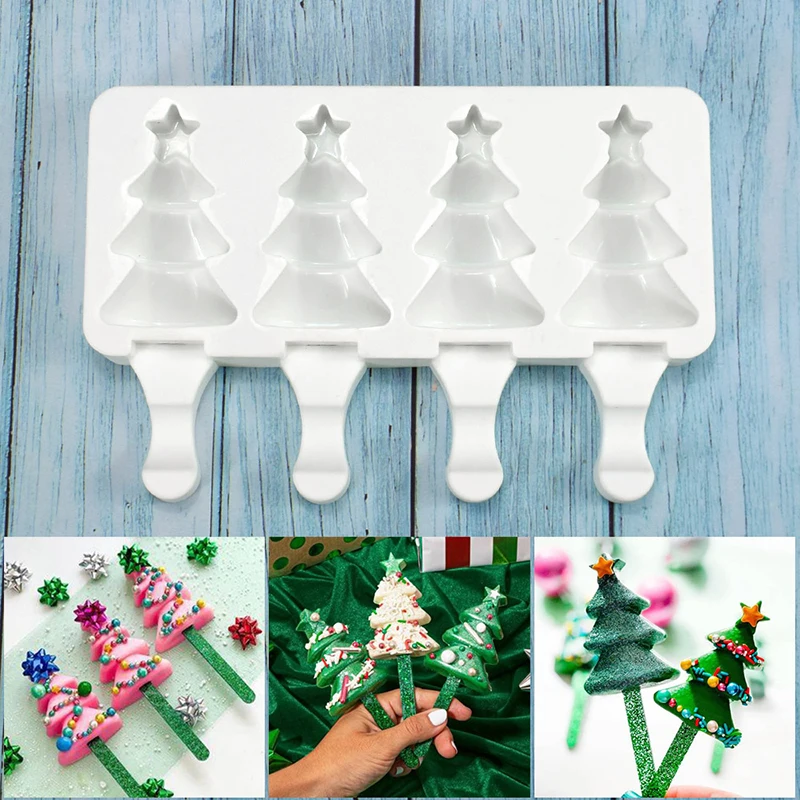 

4 Cell Christmas Tree Silicone Ice Cream Mold Reusable Popsicle Tool Mousse Chocolate Freezer Tray Kitchen Accessories Bakeware