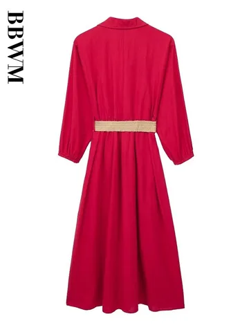 Linen Dress Woman Red Elegant Long Dresses for Women 2023 Summer Belt Office Wear Chic Female Dress Long Sleeve Midi Dress Women