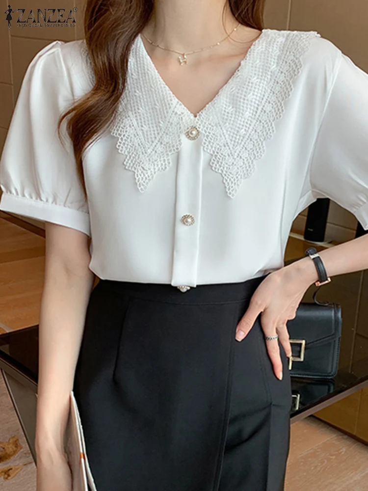 

Oversized Summer Women Office Wear Shirts 2022 ZANZEA Lace Patchwork Tops Casual Solid Loose Elegant Streetwears Blusa Femininas