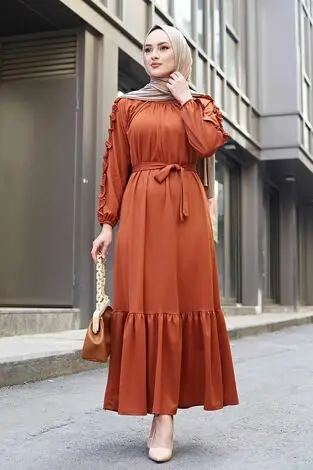 

New fashion 2021 Sleeve Ruffle Detail Dress Tunic kimono Knitwear Pano Kaftan Abaya Prayer Gown Hijab turban scarf Dubai