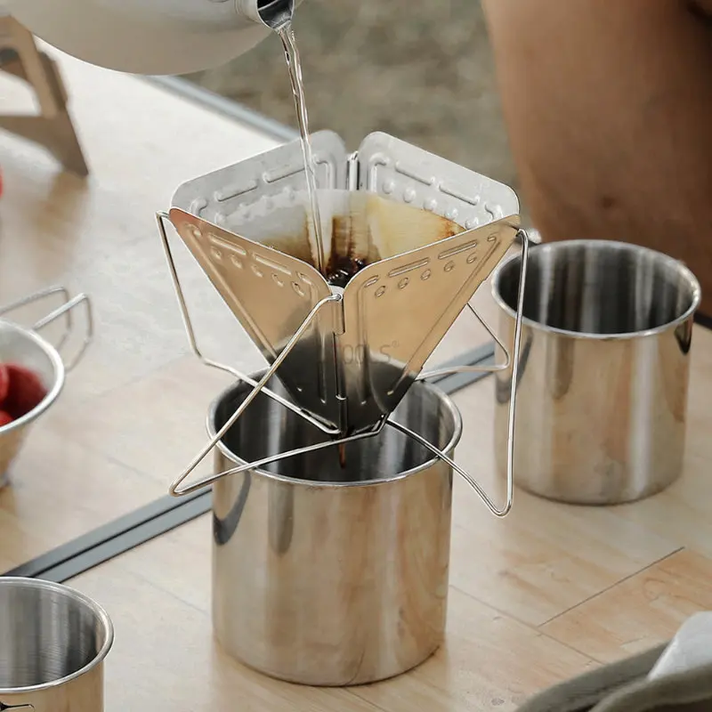 Portable Outdoor Camping Coffee Rack Stainless Steel Double Filter Holder Coffees Dripper Mesh Coffee Tea Filter Basket Tools