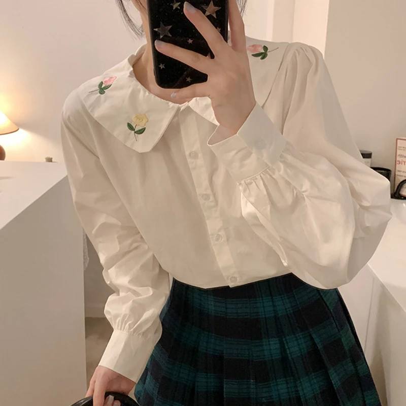 

Spring Autumn Japanese Style Mori Girl Flower Embroidery Cotton Long Sleeve Loose Casual White Shirt Women 2022 New