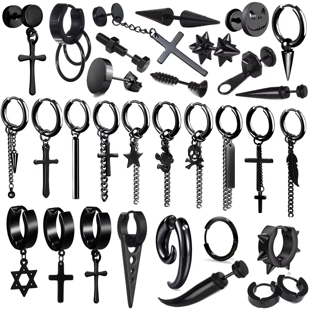 

pair Punk Black Multiple Styles Stainless/Titanium Steel Stud Earrings For Men and Women Gothic Street Pop Hip Hop Ear Jewelry
