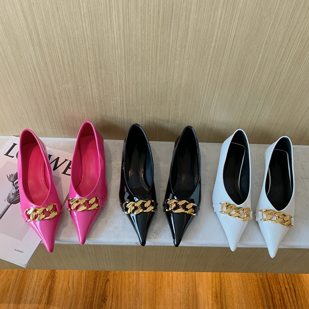 

Fashion Women Pumps Pointed Toe Shallow Slip On Patent Leather Metal Chain Thin Low Heels Autumn Dress Shoes Woman Size 35-39