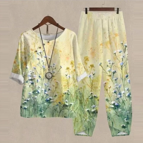 Women Vintage Print Short Sleeve Loose Blouse Summer Casual High Waist Pants Female Elegant Two Piece Set Outfit Ropa Para Mujer