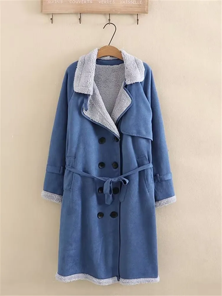 Plus Size Women's Clothing Winter Jacket Lapel Long Sleeves Medium Long Windbreaker Faux Plush Extra Large Size Woolen Coat