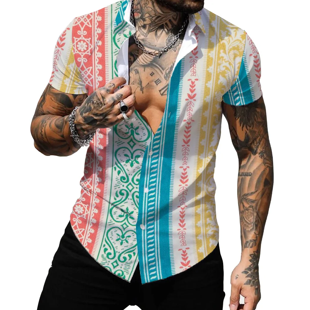 

Hot sale 2022 new creative beach 3D digital printing color stripe note pattern casual vacation lapel short-sleeved shirt S-4xl
