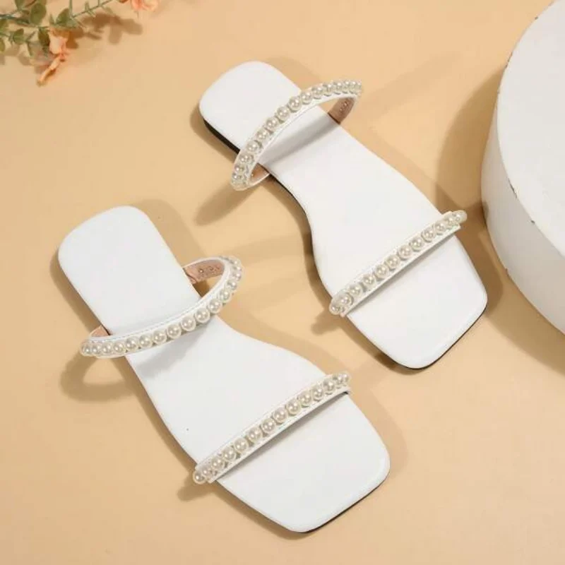 Women Faux Pearl Decor Double Strap Flat Sandals Summer Outdoor Vacation Fashion Beach Slides Casual Elegant Office-Ladies Shoes