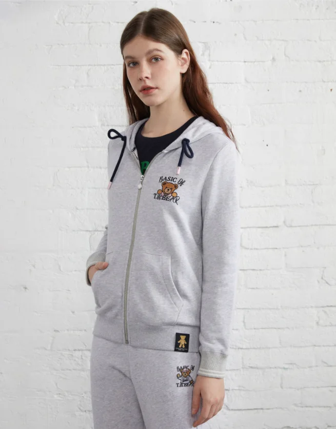 

Women Cotton Jackets Bear Embroidery Zippers Sport Street Wear Loose Casual Lady Coat Clothing Grey Color