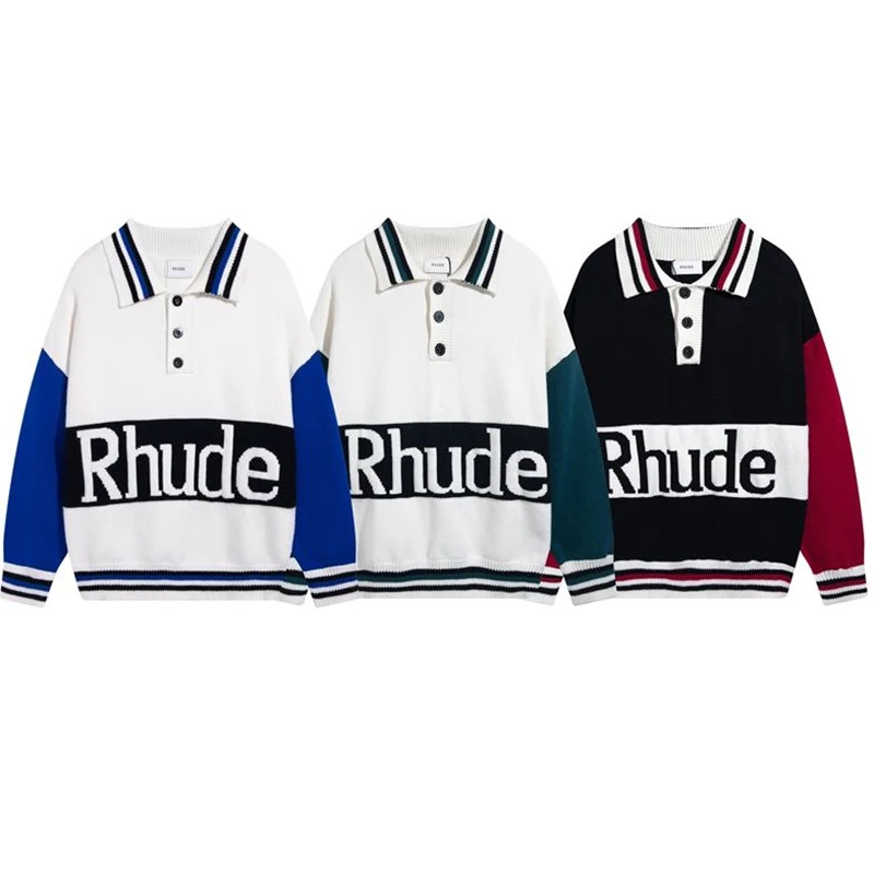 

2023 fw RHUDE Knitted Sweater Men Women High Quality Rhude Tide brand loose American retro preppy style couple tops