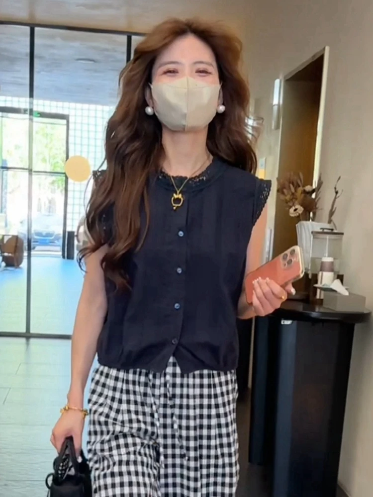 Ажурные кружевные рубашки без рукавов для женщин новинка 2024 летний дизайнерский