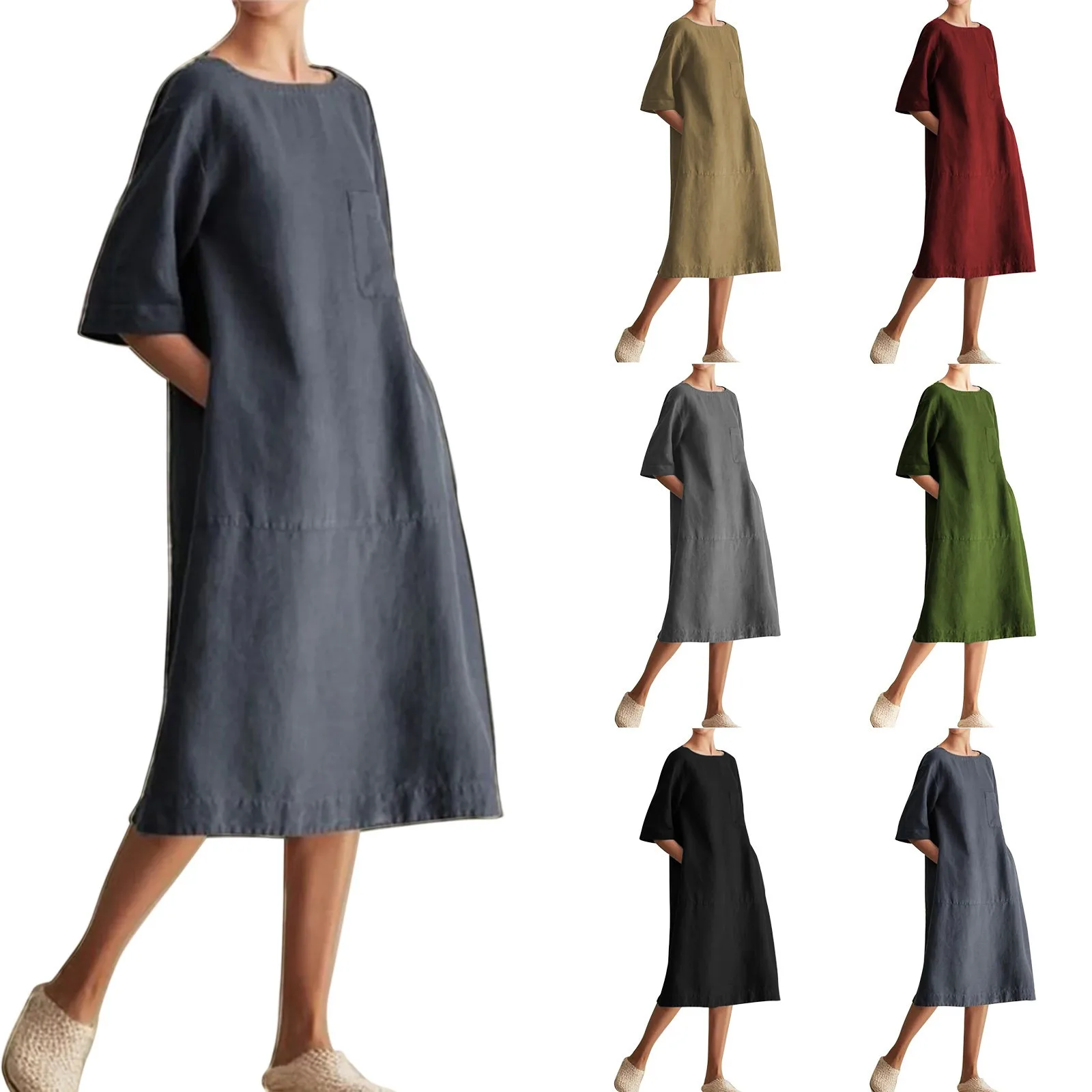 

2023 Summer Casual Woman Dress Solid Color O-Neck V-Neck Short Sleeve A-line Casual Crew Neck Mid Sleeve Linen Pocket Dress