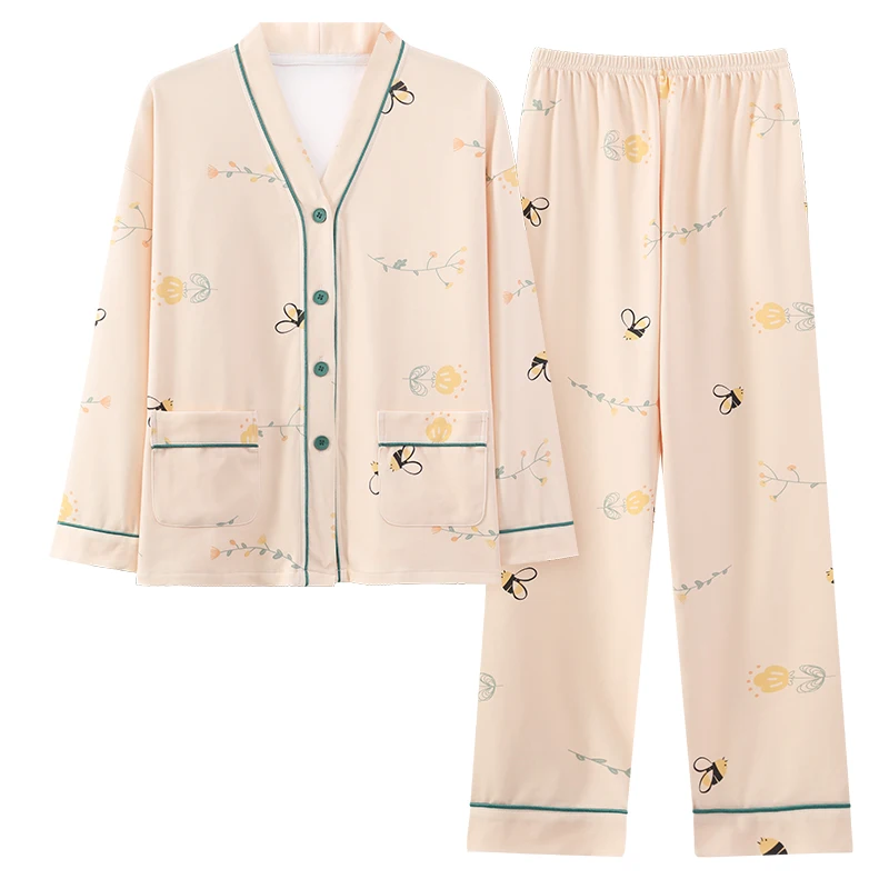 Women V-Neck Kinomo Pajamas Cute Florals Pajama Sets Cardigan Sleepwear Long Sleeve Top+Long Pants Home Clothing Pyjamas