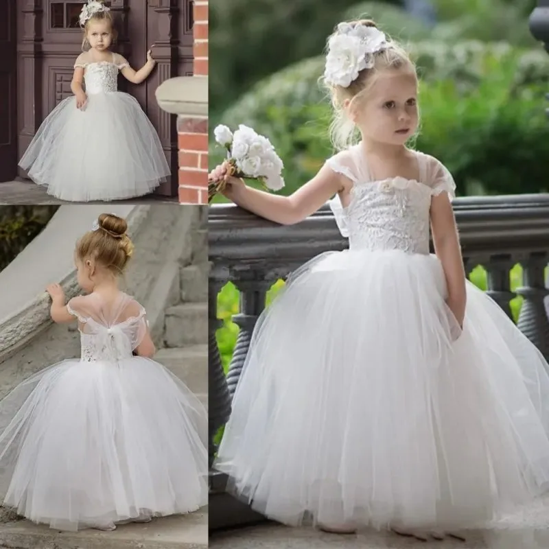 

White Flower Girls Dresses Tulle Newest Strapless Appliques Lace Floor Length For Weddings Ball Pageant Birthday Gowns