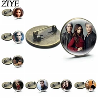 the vampire diaries brooch elena stefan classic character round glass cabochon handmade lapel pins jewelry fans gifts wholesales