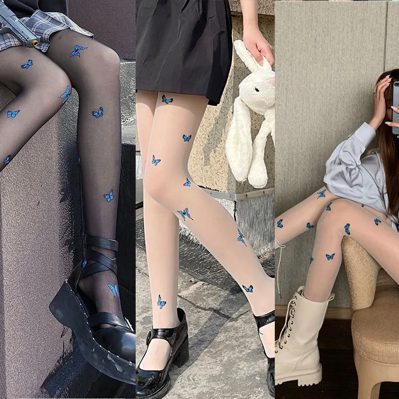 

Lolita Stockings Blue Butterfly Ins JK Y2K Thigh Asymmetric Gothic Cross Socks High Elastic Pantyhose Cosplay Lace Stockings