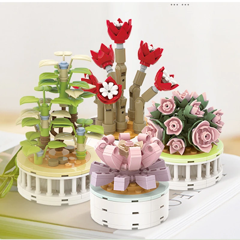

DIY строительные блоки MOC в горшке, романтический цветок, зеленое растение, украшение, 3D модели, детские наборы, подарок для девочки