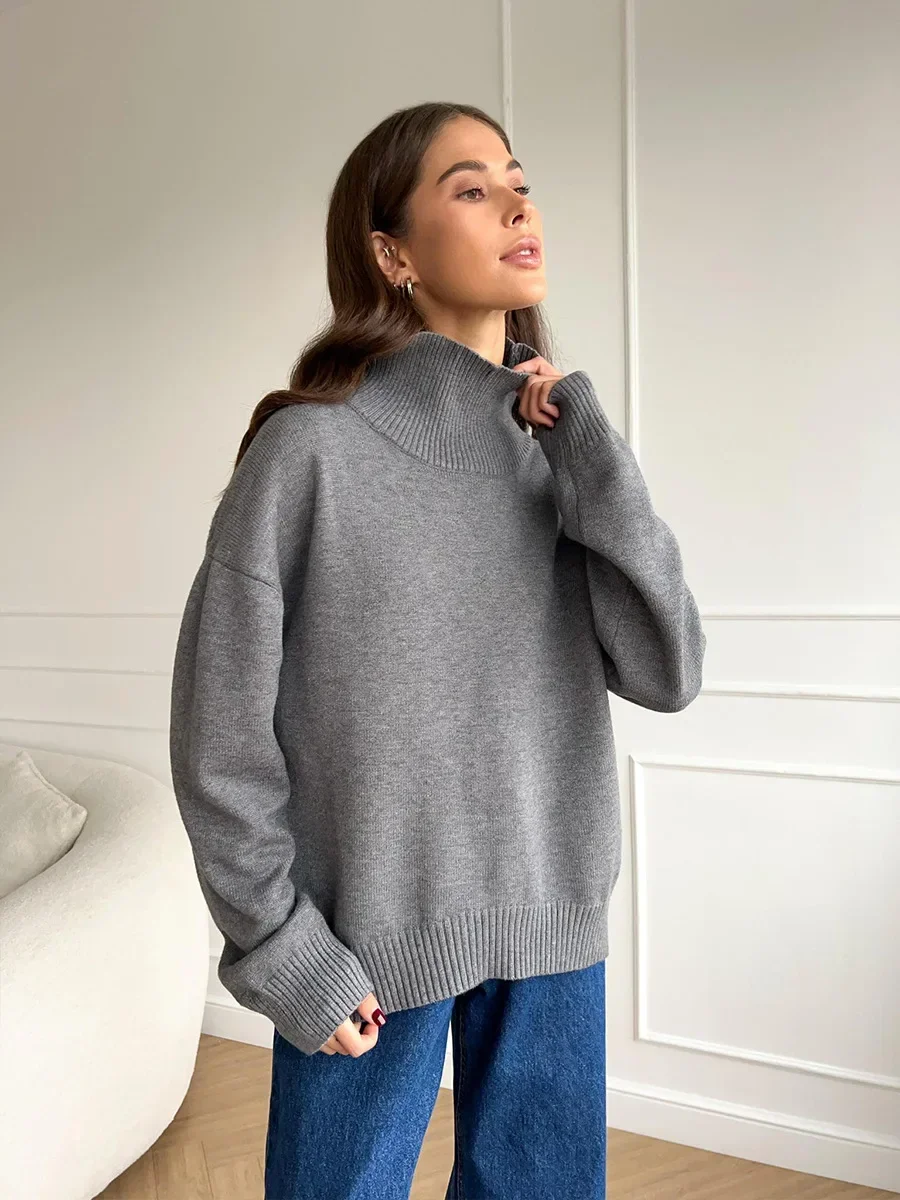 2024 зимняя женская водолазка вязаный свитер базовый красный пуловер топы ленивые