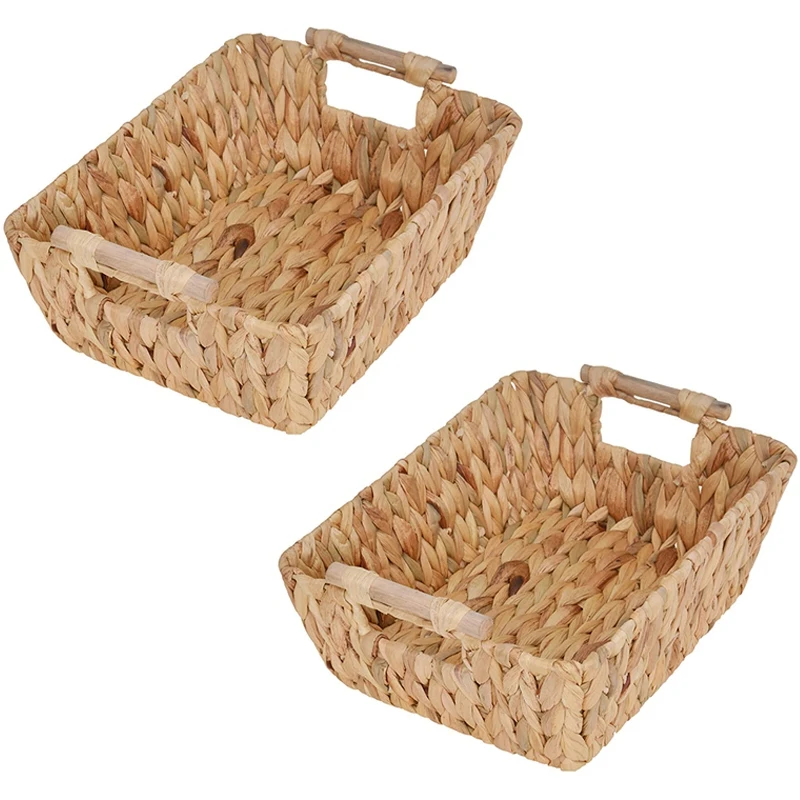 

Hand-Woven Large Storage Baskets with Wooden Handles, Water Hyacinth Wicker Baskets for Organizing, Set of 2