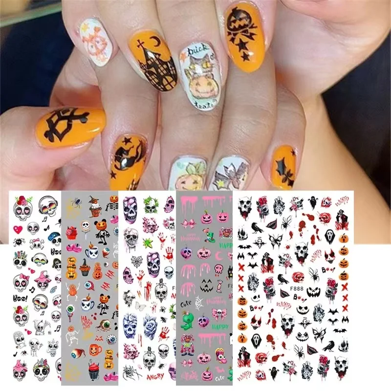

Halloween Nail Stickers Can Be Peeled Back Glue Manicure Applique Pumpkin Lamp Ghost Castle Night Cat Skull Nail Art Decorations