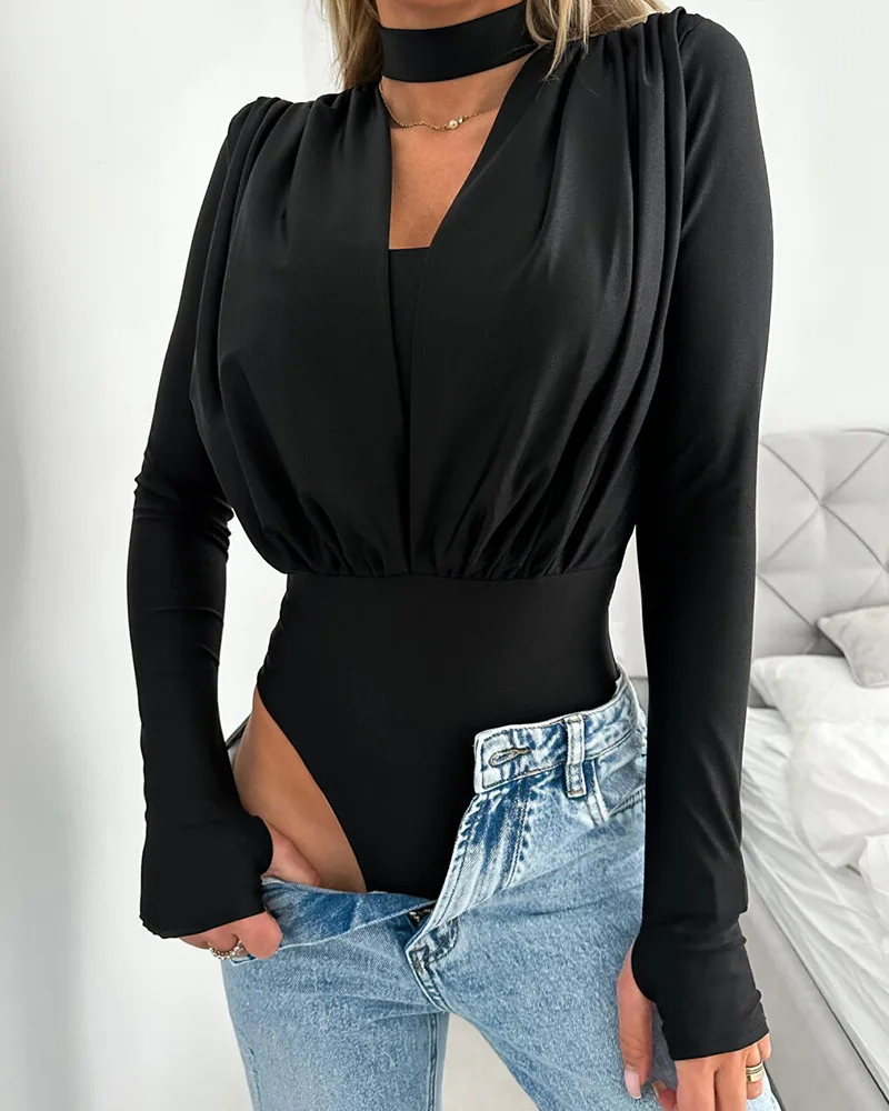 

Sexy Jumpsuits Women Slim Fit Full Sleeve Splice V Neck Solid Sheath Regular Rompers Autumn 2023 Pleated Playsuits Bodysuit