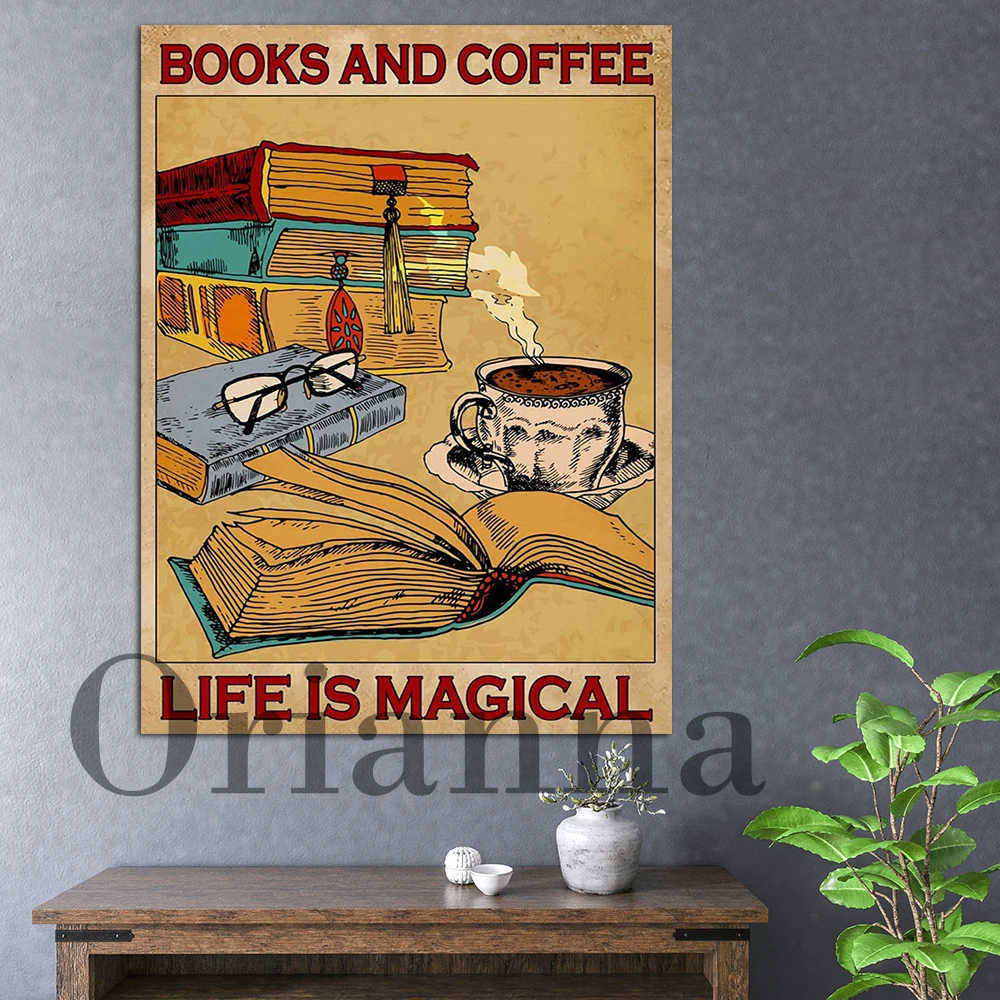 

Books And Coffee Life Is Magical Book Reading Vintage Wall Art Print Poster Modern Home Living Room Library Classroom Decor Gift