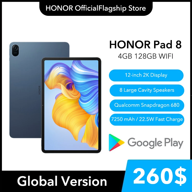 HONOR Pad 8 12 inch 2K Full View Eye Protection Screen 4GB 128GB Tablet 8 Speakers 7250mAh 22.5W Fast Charge Mini PC Android