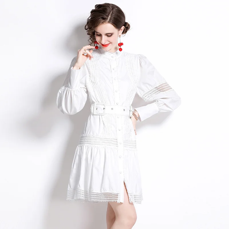 

High Quality Women Elegant Sexy Lace Patchwork Lantern Sleeve Slim Cocktail Party Robe Female Vintage White Mini Dress Vestidos