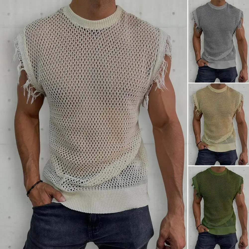 

Футболка мужская Трикотажная сетчатая, модная ажурная дизайнерская рубашка, винтажная с коротким рукавом и круглым вырезом, уличная одежда, лето