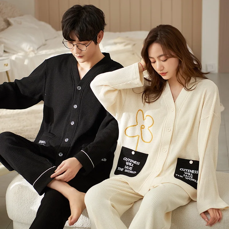 Couples Nightwear Men's Cotton Pajamas Set Kimono V Neck Women Pijamas Suit Autumn Home Clothes Japan Pjs Loungwear Freeship