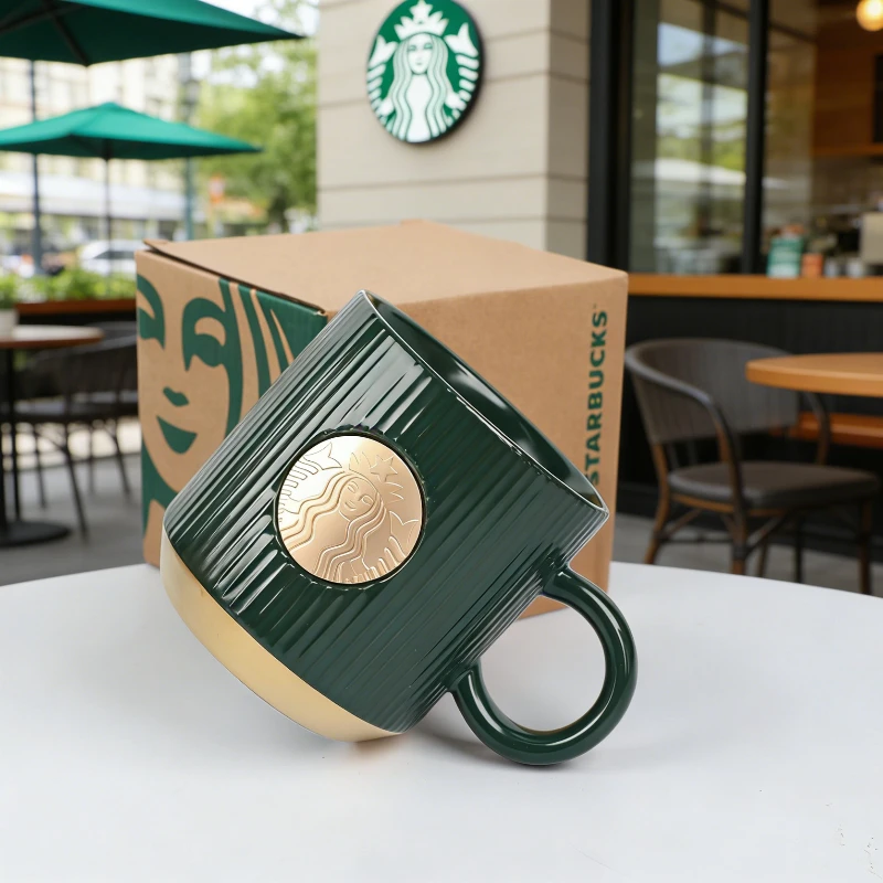 Фото Кружка Starbucks в ретро-стиле с зелеными полосками, золотой эмблемой Siren, 355 мл, стильная кофейная чашка для офиса и дома №2