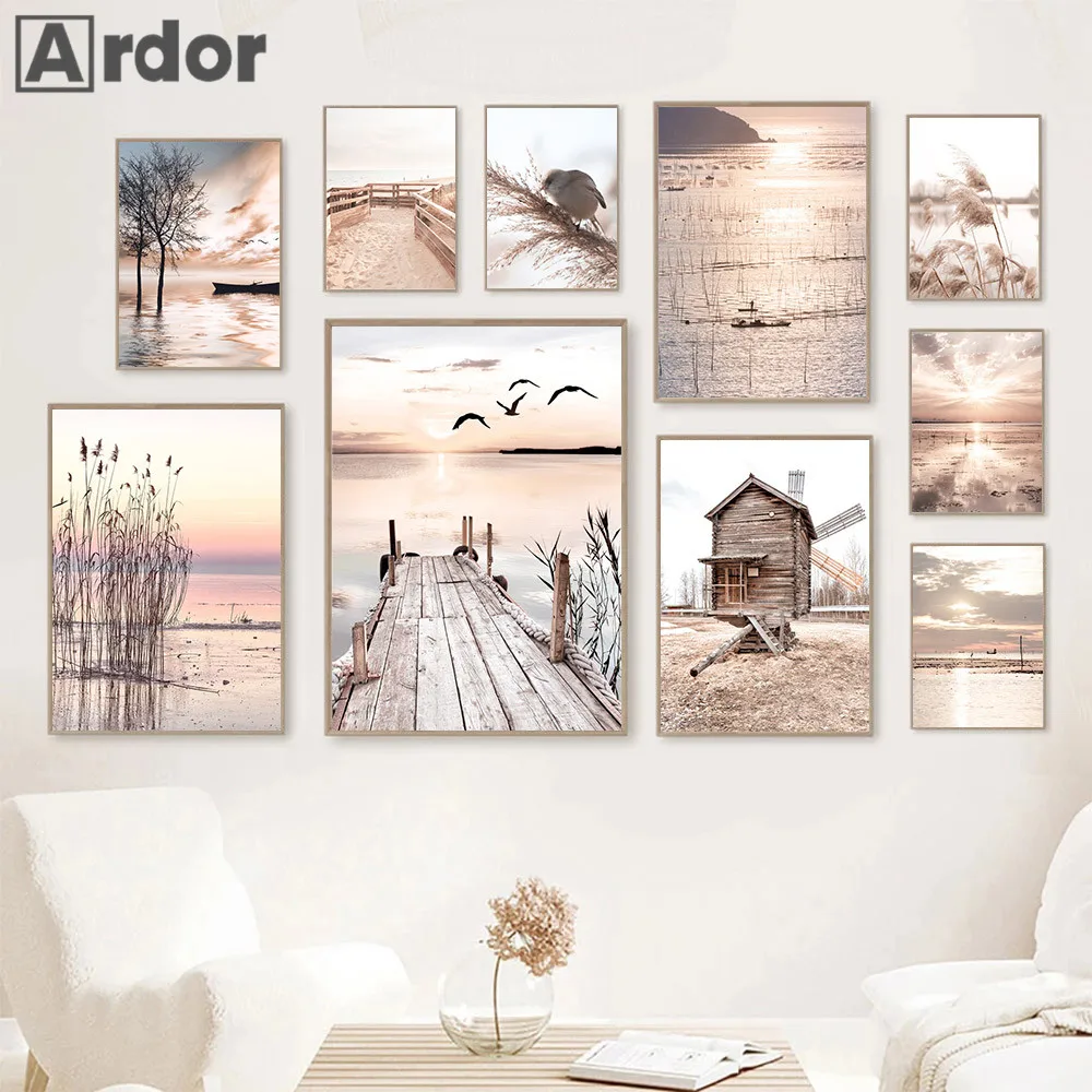 

Sunset Lake Bridge Poster Reed Canvas Painting Canoe Windmill Art Print Nature Landscape Posters Nordic Wall Pictures Home Decor