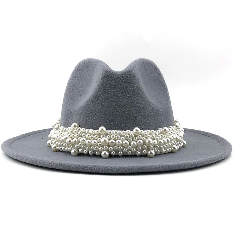

Jazz Fedora Hats For Women Casual Men Leather Pearl Ribbon Felt Hat White Blue Black Panama Trilby Formal Party Cap Dropshipping