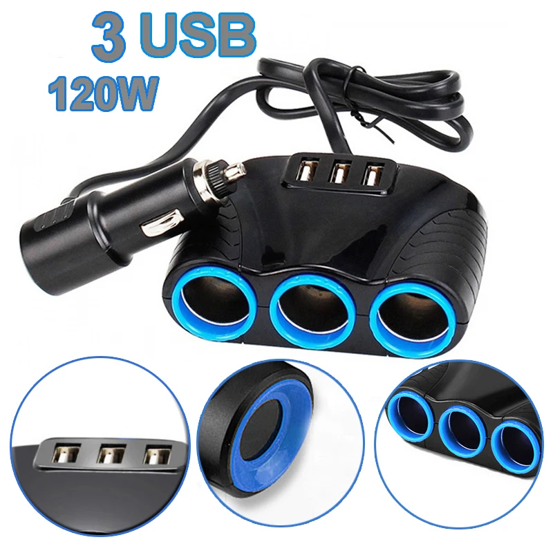 

Cigarette Lighter Socket 3 USB Charger Splitter 12V-24V Outlet Power Car Adapter