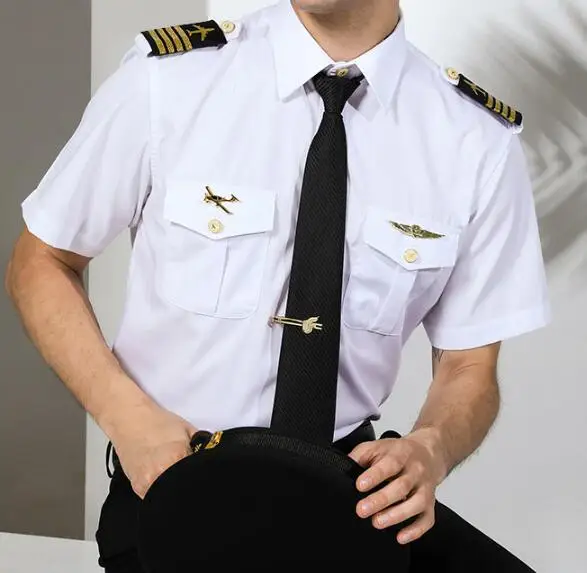 Summer Pilot Uniform Shirt Men Captain Aviation Short Sleeve Work White Tops