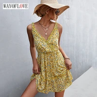 wayoflove women summer holiday sexy strap dress beach party casual backless slim vestidos vintage ruffles floral printed dresses