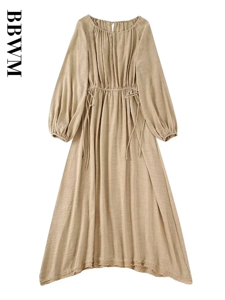 Женское однотонное платье-миди с круглым вырезом и длинным рукавом |