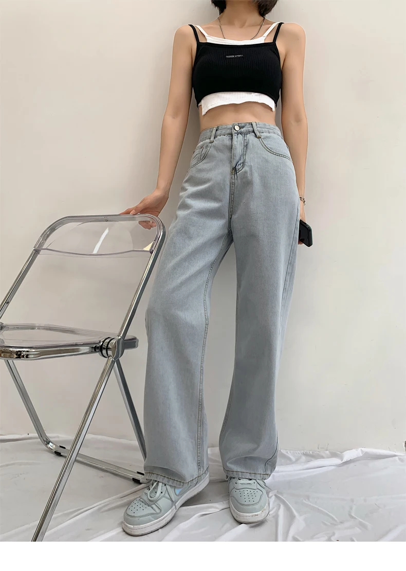 

Casual Women's Jeans 2021 High Waist Denim Jeans Black White Light-blue Street Washed Wide Leg Pants Female Girls