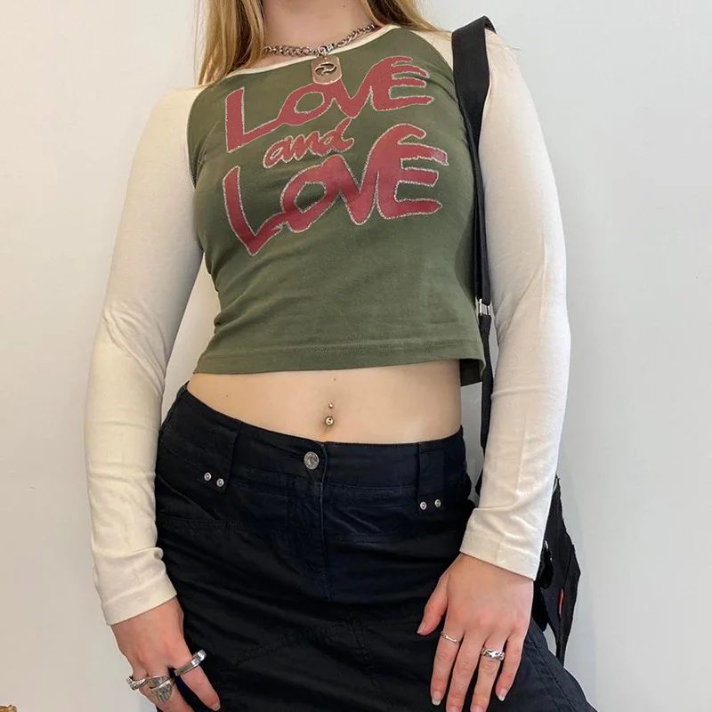 

Женский укороченный Топ с длинным рукавом, облегающие рубашки контрастных цветов с рисунком звезд, винтажная Повседневная футболка Y2K на ос...