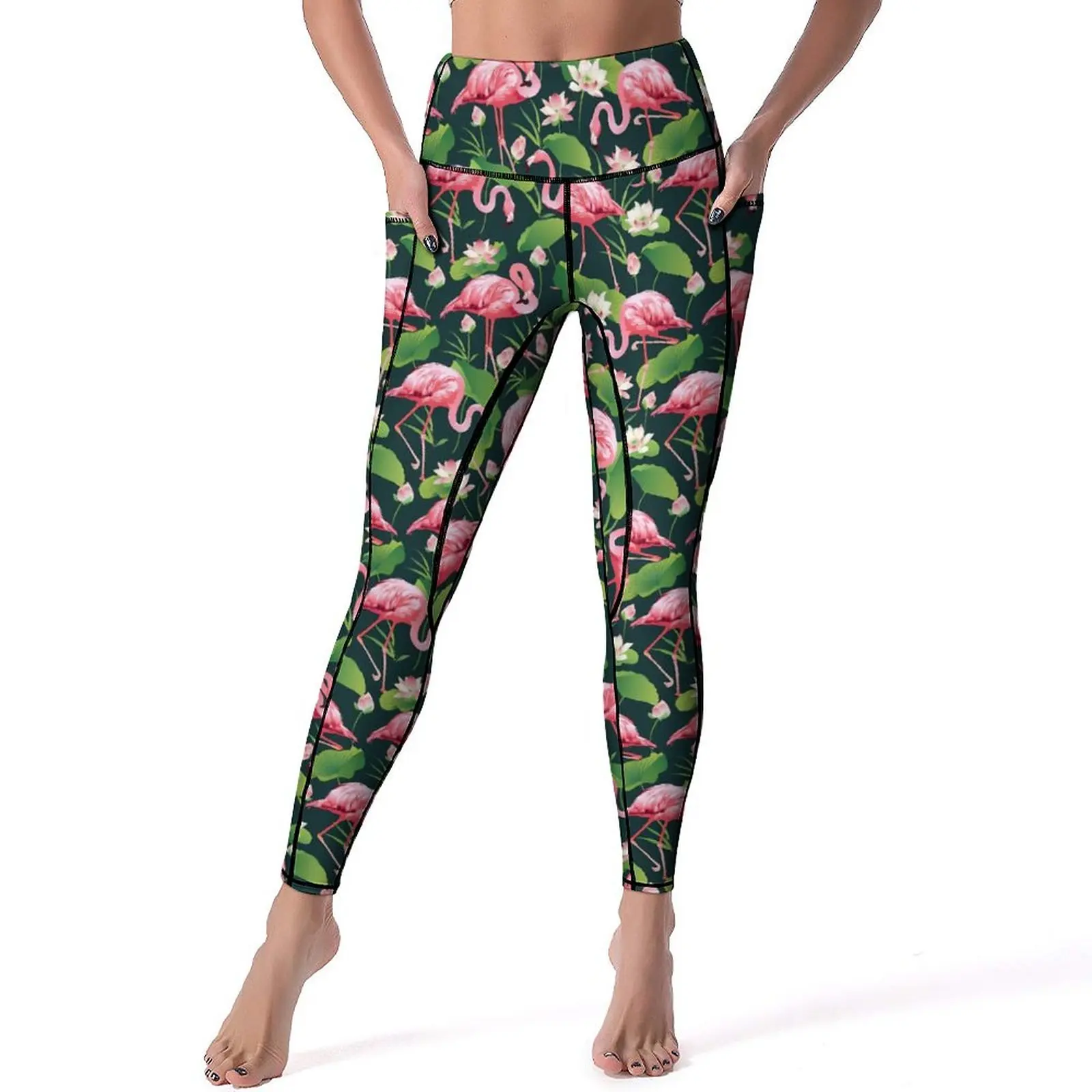 

Tropical Birds Leggings Flamingo White Lily Gym Yoga Pants Women Push Up Funny Sport Tights Pockets Stretch Graphic Yoga Legging