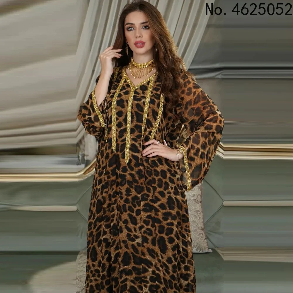 

Elegant Ethnic Print Maxi Dress for Women Autumn 2022 New Muslim Jalabiya Dubai Moroccan Caftan Middle Eastern Clothes