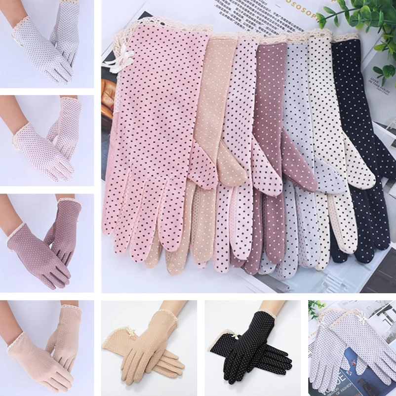 

sun protection gloves cotton summer gloves for women Dot bow women's thin female drive gloves suncreen Slip-resistant